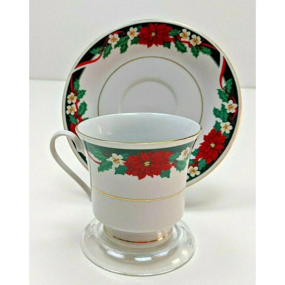 4 Tienshan Deck the Halls Porcelain Coffee Tea Footed Cups & Saucers